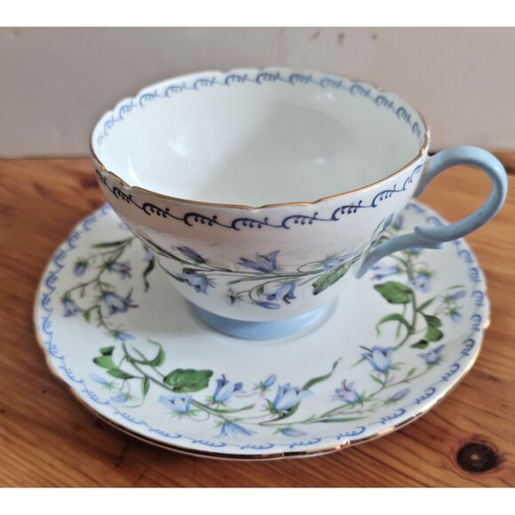 Shelley Harebell Pattern Oleander Blue & Green Henley Shaped Tea Cup and Saucer - Picture 3 of 12